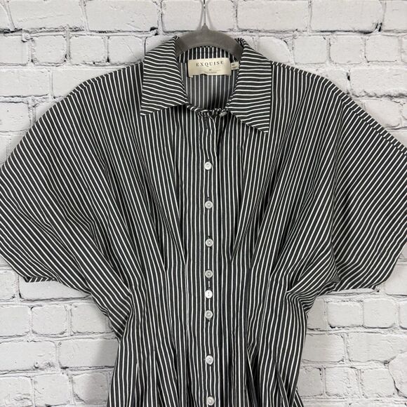 Anthropologie EXQUISE Mini Tobie Shirtdress Dress Charcoal Combo Stripe XS - Picture 6 of 13
